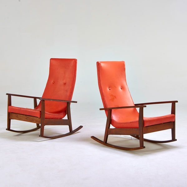 STYLE OF MILO BAUGHMAN: Pair of rocking chairs, USA, 1950s; Stained beech, vinyl; Unmarked; 39" x 27" x 34"