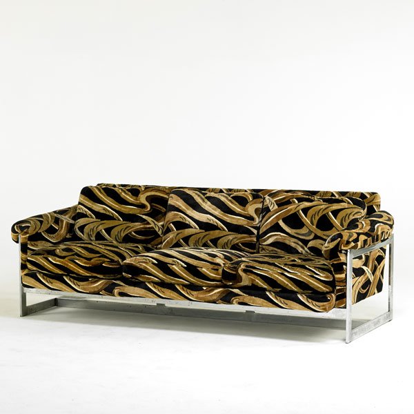 MILO BAUGHMAN; THAYER COGGIN: Sofa, Highpoint, NC, 1970s; Chromed steel, upholstery; Retailer label; 28 1/2" x 82" x 36"