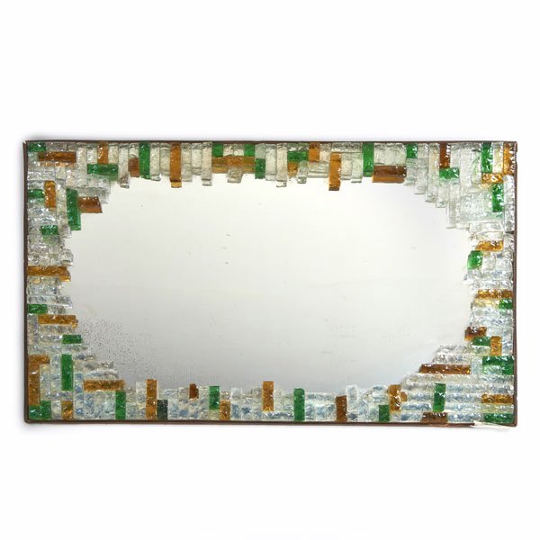 POLIARTE: Mirror, Italy, 1970s; Colored glass, mirrored glass, wood; Unmarked; 18" x 28 1/4" x 1"