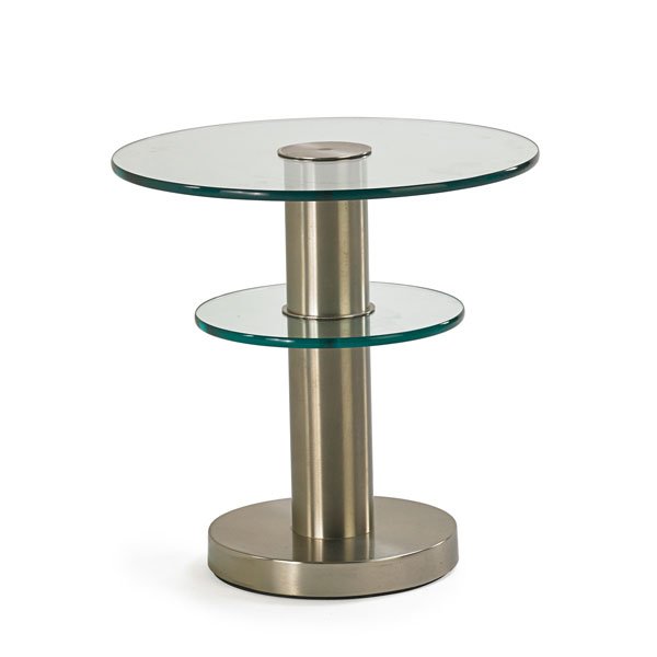GIO PONTI; FONTANA ARTE: Tiered side table, Italy, 1932/90s; Matte-chromed steel, glass; Unmarked; 24 1/2" x 24" dia.