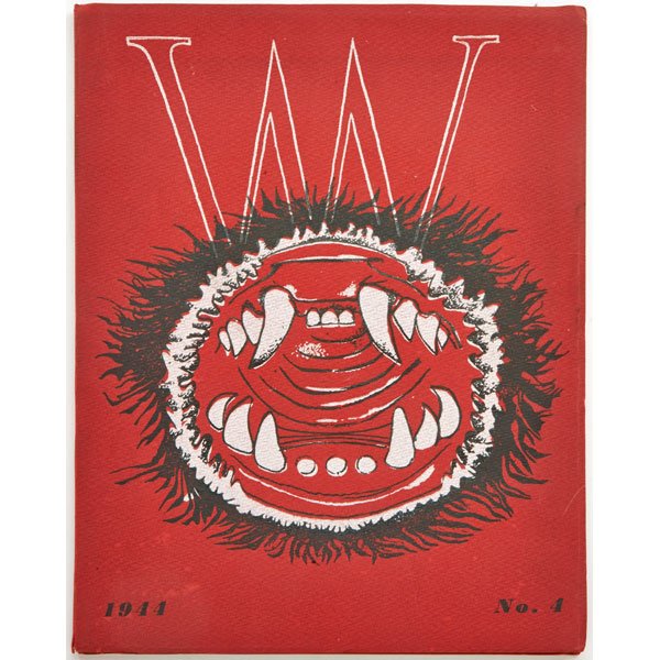 "VVV" SURREALIST JOURNAL: No. 4, 1944, contains color lithographs by Surrealist artists Marcel Duchamp, Max Ernst, Yves Tanguy, etc. and cover drawing by Roberto Matta; 11 1/4" x 8 5/8" (closed)