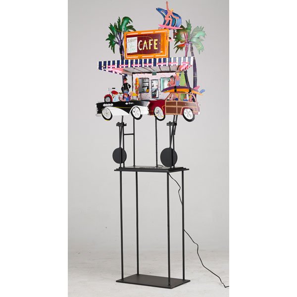FREDRICK PRESCOTT (American, b. 1949): Steel kinetic sculpture multiple; "Kalifornia Kafe," 1992; Signed, dated and numbered 22/60; Martin Lawrence Limited Editions Stamp; 73 1/2" x 32" x 10"