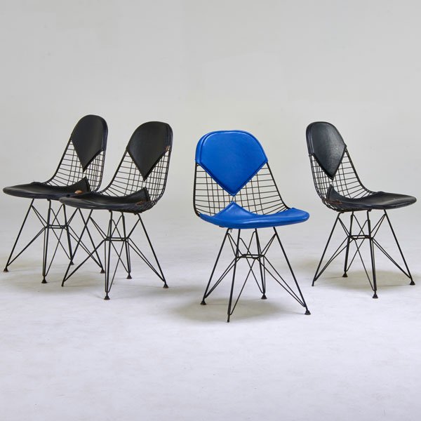 CHARLES AND RAY EAMES; HERMAN MILLER: Four Bikini chairs, Zeeland, MI, 1950s; Enameled metal, vinyl; Manufacturer labels; 32" x 19" x 22"