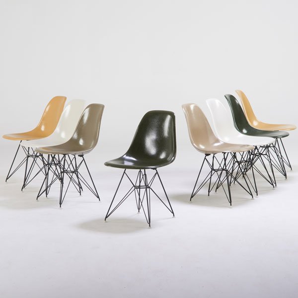 CHARLES AND RAY EAMES; HERMAN MILLER: Set of eight Eiffel Tower side chairs, Zeeland, MI, 1960s; Plastic reinforced fiberglass, enameled steel, plastic; Manufacturer labels; Each: 31" x 18 3/4" x 21 1/2"