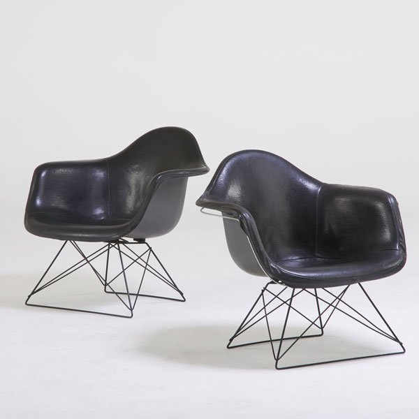CHARLES AND RAY EAMES; HERMAN MILLER: Shell chair (LAR), Zeeland, MI, 1950s; Plastic reinforced fiberglass, enameled steel, vinyl; Manufacturer labels; 25" x 25 1/2" x 25"