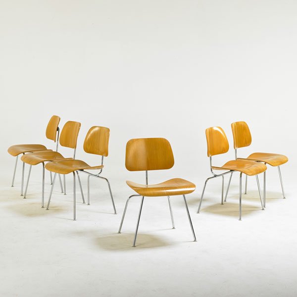 CHARLES & RAY EAMES; HERMAN MILLER: Set of six dining chairs (DCM'S), Zeeland, MI, 1990s; Chromed steel, ash, acrylic; Foil labels; Chairs: 29 3/4" x 19 1/2" x 21 1/2"