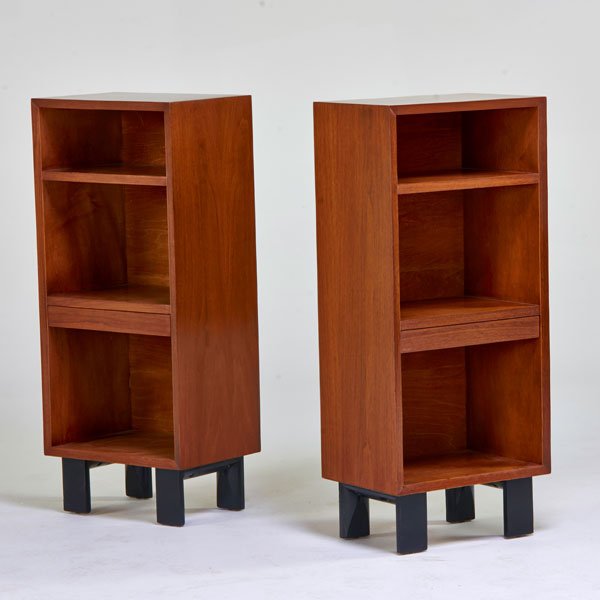 GEORGE NELSON; HERMAN MILLER: Pair of nightstands, Zeeland, MI, 1950s; Walnut, painted wood; Unmarked; 40" x 17" x 12"