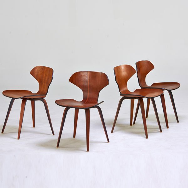 GEORGE MULHAUSER; PLYCRAFT: Four bent plywood side chairs, Lawrence, MA, 1950s; Walnut; Unmarked; 29" x 18" x 19"