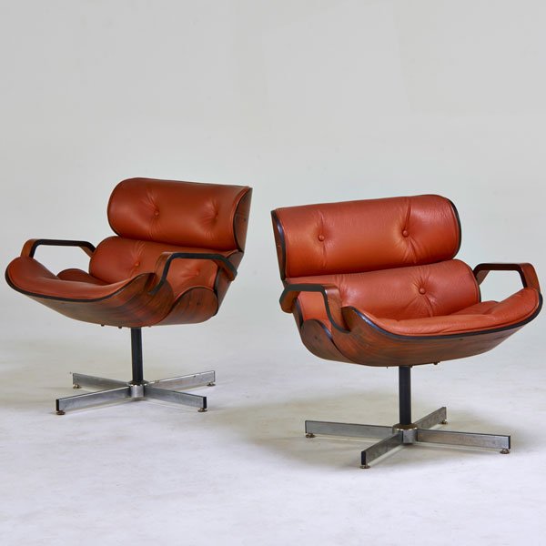 PLYCRAFT: Pair of armchairs,Lawrence, MA, 1960s; Walnut, vinyl,chromed and enameled steel; Unmarked; 28" x 26 1/2" x 28"