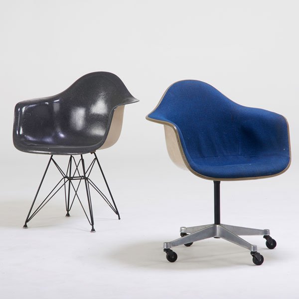 CHARLES AND RAY EAMES; HERMAN MILLER: Two armchairs, Zeeland, MI, 1950s; Plastic-reinforced fiberglass, upholstery, aluminum, enameled steel, casters; Manufacturer labels; Taller: 32" x 25" x 23"