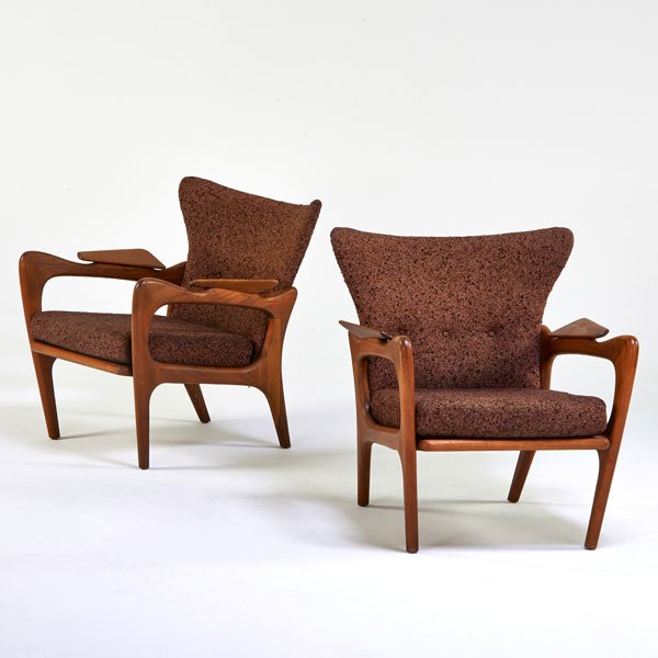ADRIAN PEARSALL; KRAFT ASSOC.: Pair of armchairs, Wilkes Barre, PA, 1950s; Sculpted walnut, wool upholstery; Unmarked; 31" x 28" x 31"