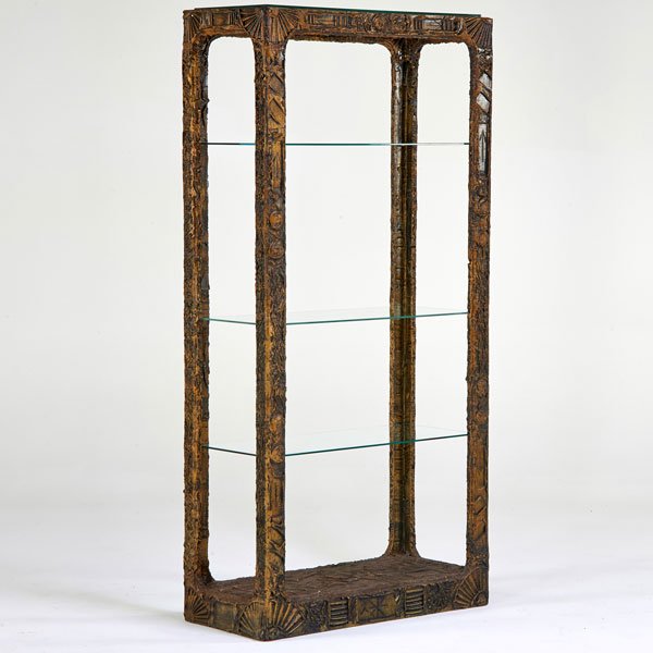ADRIAN PEARSALL (Attr.): Etagere, USA, 1970s; Bronzed composite, laminate, glass; Unmarked; 76" x 37" x 17"