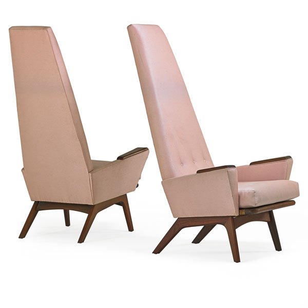 ADRIAN PEARSALL: Pair of tall-back lounge chairs, Wilkes Barre, PA, 1960s; Walnut, upholstery; Unmarked; 55 1/2" x 32" x 41"