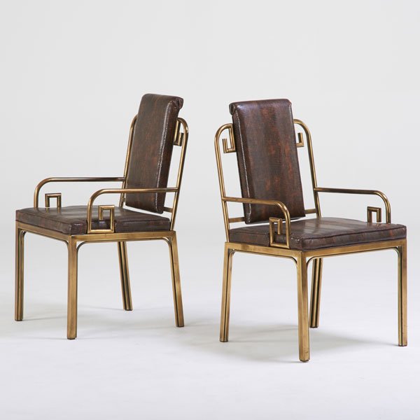 MASTERCRAFT: Pair of Mandarin armchairs, USA, 1980s; Patinated steel, printed vinyl; One upholstery label; Each: 37" x 22" x 23"