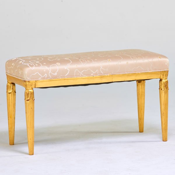 ROBERT J. SCOTT (Attr.): Bench, USA, 1980s; Silk upholstery, gilt wood legs; Unmarked; 21" x 37" x 16"