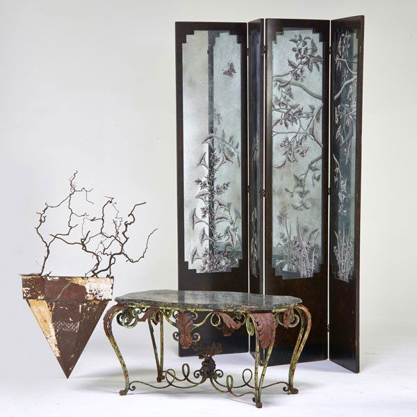 HOLLYWOOD REGENCY: Marble top, wrought-iron coffee table, oversized enameled copper wall-pocket, four-paneled mirrored screen, USA; Unmarked; Table: 20 1/2" x 39" x 24", wall- pocket: 23", screen: 80"