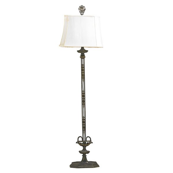OSCAR BACH: Floor lamp, New York, 1920s; Patinated steel and brass; Raised model number to base; 62" x 11" x 8"