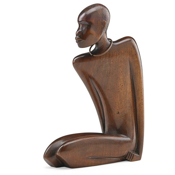 FRANZ HAGENAUER; HAGENAUER WIEN: Nubian male sculpture, Austria, 1930s; Mahogany, brass; Stamped Handmade HAGENAUER WIEN/Made in Vienna, Austria; 10 1/2" x 7 1/2"