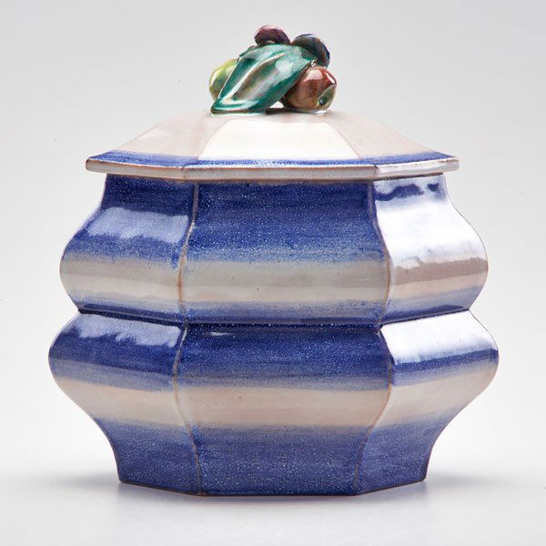 HEDWIG SCHMIED; WIENER WERKSTATTE: Lidded ceramic jar with handle in the form of fruit, Austria, ca. 1910-20; Stamped; 10 1/4" x 9" dia.
