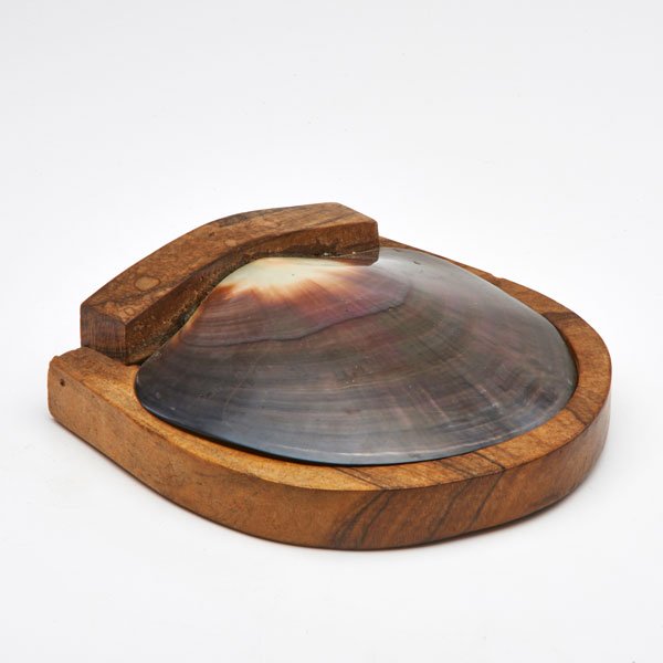 ALEXANDRE NOLL (Attr.): Hinged box with two interior compartments, France, ca. 1950; Rosewood, shell; Unmarked; Closed: 2 1/4" x 8" x 6 1/4"