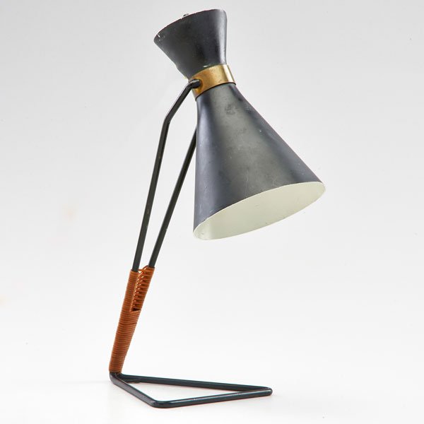 STYLE OF MATHIEU MATEGOT: Cantilevered table lamp with adjustable shade, France, ca. 1950s; Enameled metal, brass, woven cord; Unmarked; As shown: 13" x 5 3/4" x 11"