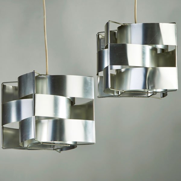 MAX SAUZE (b. 1933): Pair of pendant fixtures, France, 1970s; Aluminum and zinc-plated steel; Both with labels; 8" x 10 3/4" dia.
