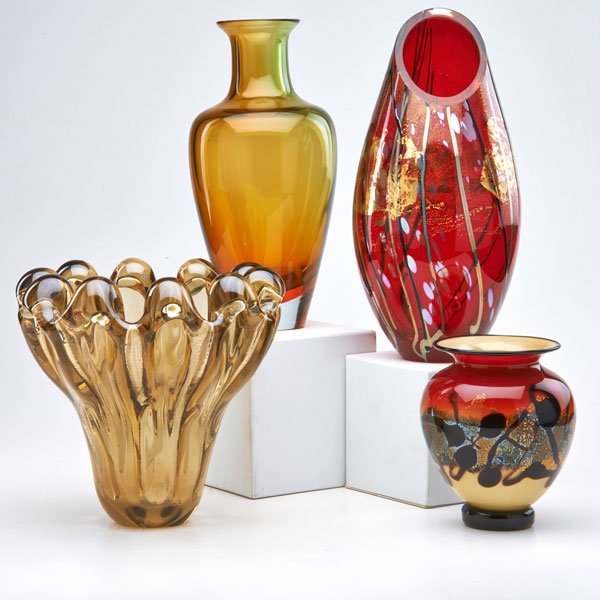 BAROVIER & TOSO; ETC.: Four glass vases, 20th c.: Barovier and Toso, Michael Nourot, Lauer, and unidentified; All but one marked; Tallest: 13 1/2"