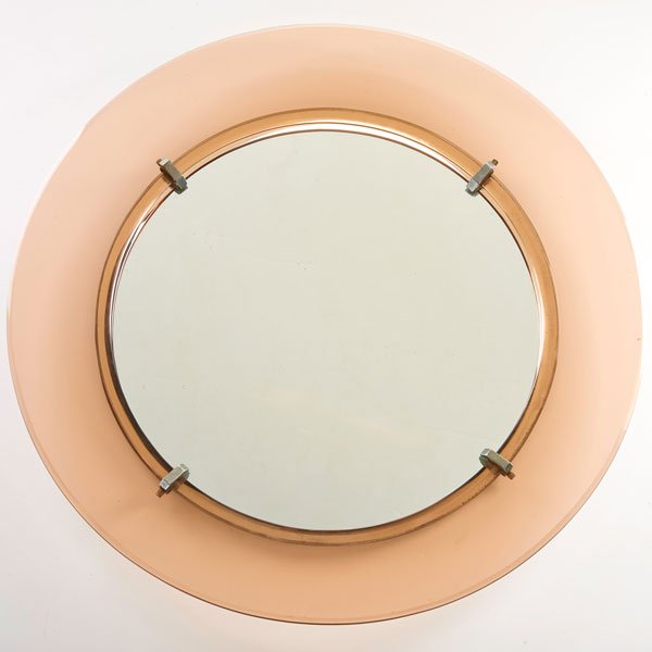 CRYSTAL ARTE: Round mirror in the style of Max Ingrand, 1960s; Colored and mirrored glass; Unmarked; 23" x 2 3/4" dia.