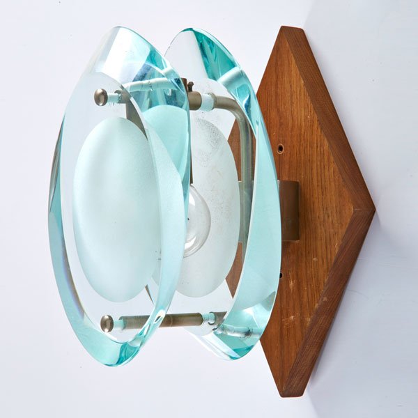 MAX INGRAND (Attr.); FONTANA ARTE: Wall sconce, Italy, 1960s; Glass, nickel-plated metal, wood; Unmarked; 9 1/2" x 5" x 6 1/2"