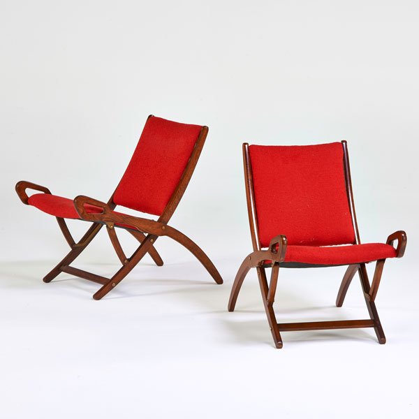 GIO PONTI; REGUITTI: Pair of Ninfea folding chairs, Italy, 1950s; Beech, upholstery, brass; Unmarked; 27 1/2" x 19" x 27"