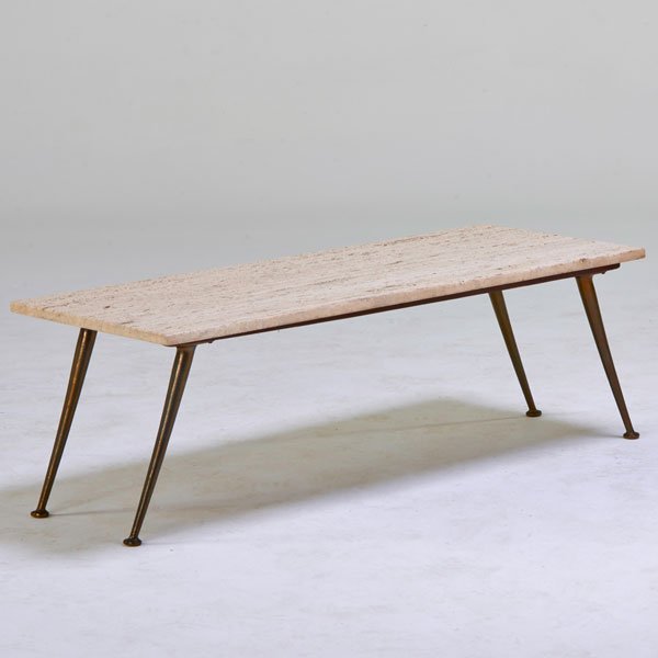 ITALIAN: Coffee table, 1950s; Travertine, painted wood, brass; Travertine stamped Made in Italy; 15 1/2" x 46" x 18"