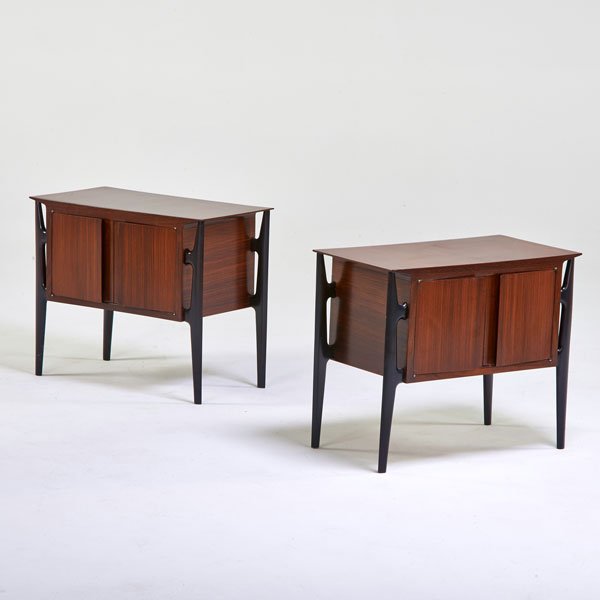 ITALIAN: Pair of side tables, ca. 1950s; Mahogany, ebonized wood; Unmarked; 21 1/2" x 25 1/2" x 13 1/2"