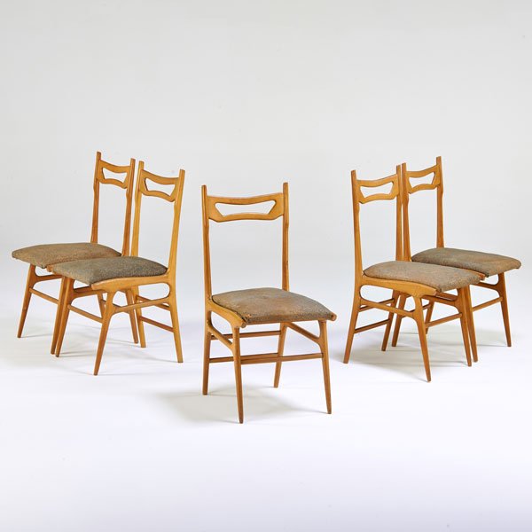 STYLE OF CARLO DE CARLI: Set of five side chairs and a matching chair in dark finish, Italy, 1950s; Beech, upholstery; Unmarked; 36 1/2" x 18" sq.
