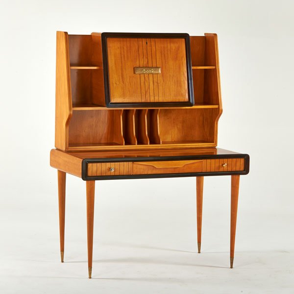 ITALIAN: Three-drawer writing desk with gallery top, 1950s; Maple, ebonized wood, gilt wood, brass; Unmarked; 61 1/2" x 47" x 24"