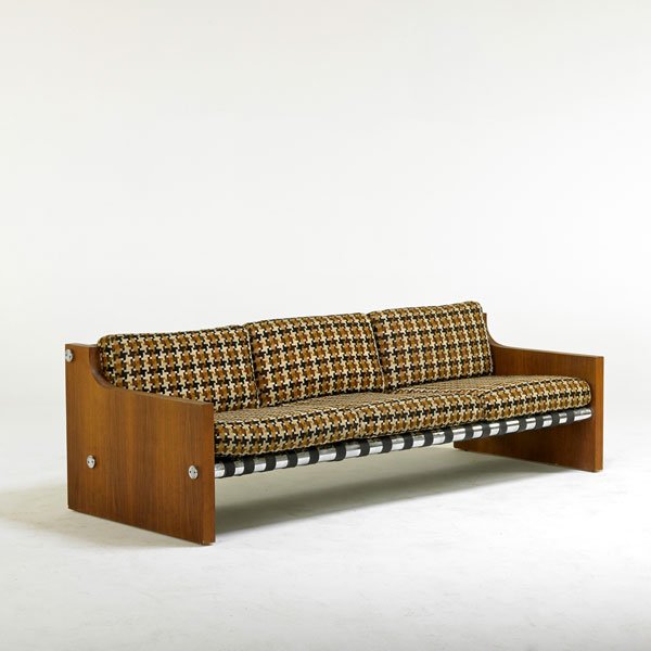 SELIG: Sofa, USA, 1970s; Walnut, chromed steel, rubber straps, upholstery; Unmarked; 26" x 81" x 33"