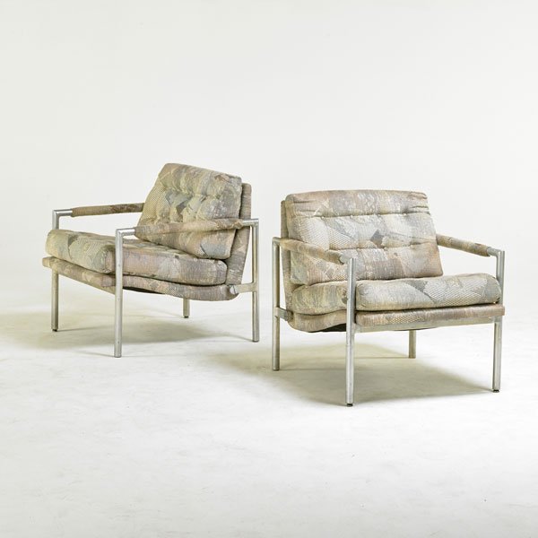 SELIG: Pair of lounge chairs, USA, 1970s; Aluminum, chromed steel, upholstery; Unmarked; 29" x 27" x 31"