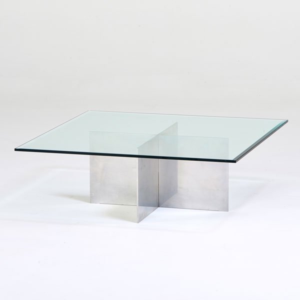 PAUL MAYEN; HABITAT: Coffee table, USA, 1970s; Aluminum, glass; Unmarked; 12 1/2" x 36" sq.