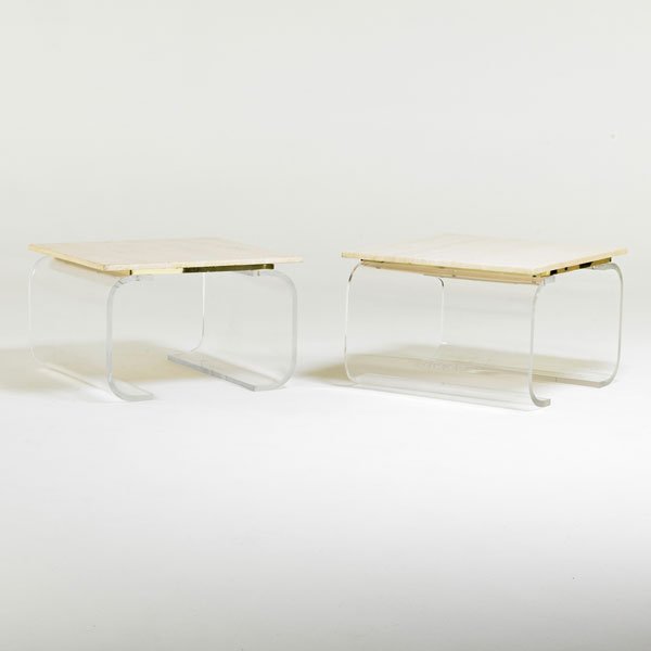STYLE OF CHARLES HOLLIS JONES: Pair of side tables, USA, 1970s; Travertine, acrylic, brass; Unmarked; 17 1/2" x 27" sq.