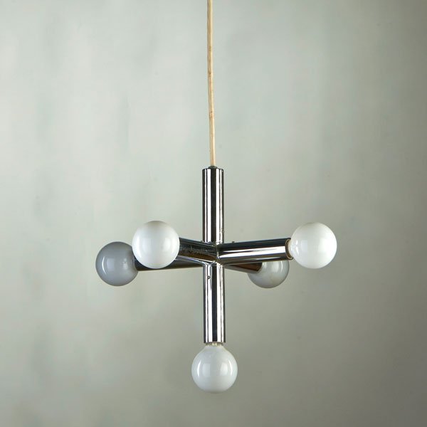 LIGHTOLIER: Five-arm chandelier, USA, 1970s; Chromed steel; Paper label; To ceiling cap: 47" x 18 1/2" dia.