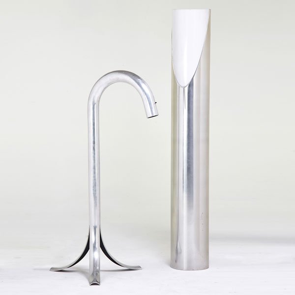 PAUL MAYEN; HABITAT: Two floor lamps, USA, 1970s; Polished and enameled aluminum, acrylic; Column lamp has manufacturer label; Taller: 66" x 10" dia.