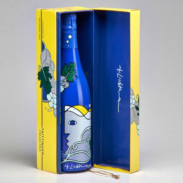 ROY LICHTENSTEIN (American, 1923–1997): Screenprint on polyester over champagne bottle, 1985 in original box; Signed in print; 4" x 13 3/4" x 4"
