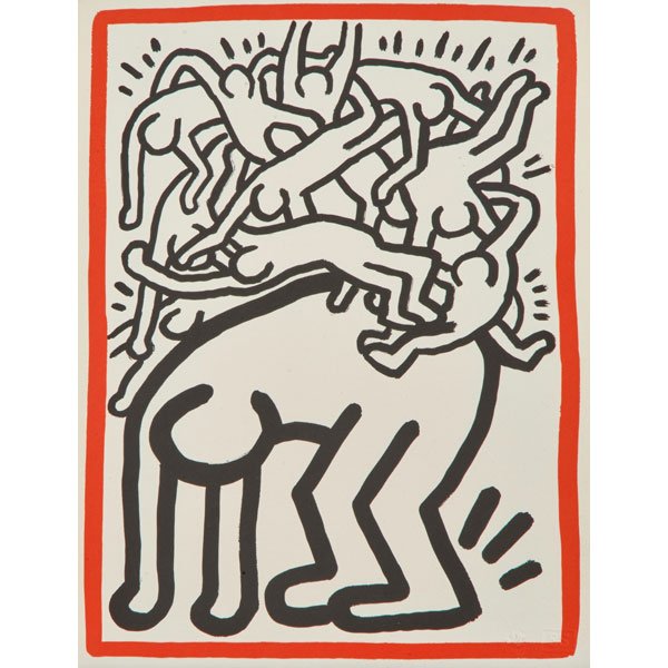 KEITH HARING (American, 1958-1990): Lithograph; "Fight Aids Worldwide," 1990; Printer: Emiliano Sorini Studio; Published by World Federation of United Nations Associations; 11" x 8 1/4" (sheet)