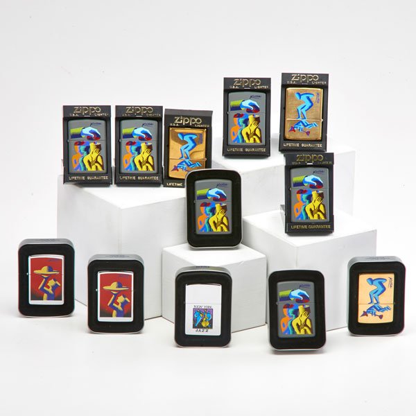 MARK KOSTABI (American, b. 1960); ZIPPO: Eleven Zippo lighters in original plastic or metal cases; Together with one zippo lighter designed by Eric Brown; Largest: 3 1/4" x 2 1/2"