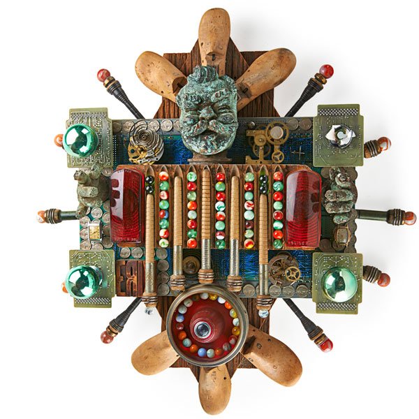 RICK GILDSTAD (American, 20th c.): Assemblage of found and cast elements, 1998; Initialed and dated; 29" x 29" x 7 1/2"