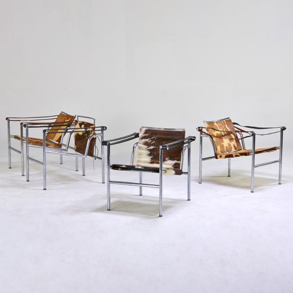 LE CORBUSIER; CASSINA: Four LC1 Basculant armchairs, three in as-found condition, Italy, 1970s; Chromed steel, leather, cow hide; Two signed Cassina; 26" x 25" x 25 1/2"