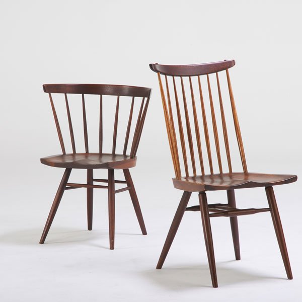 GEORGE NAKASHIMA; NAKASHIMA STUDIOS: New Chair, New Hope, PA, Walnut, 1950s; Unmarked; Together with Straight back Chair (George Nakashima for Knoll), New Chair: 36" 18 1/2" x 23", Straight back: 29" x 23 1/2" x 20" Provenance available: