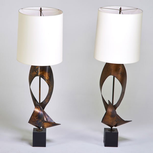 HARRY BALMER; LAUREL LAMP CO.: Two tall table lamps, USA, ca. 1960; Iron and copper; Both unmarked; Taller (to finial): 53 1/2"