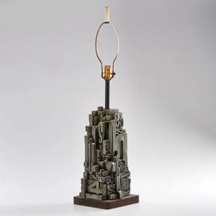 SHELDON ROSE: "Alphasculpt" table lamp, New York, 1968; Patinated metal, wood; Signed and dated; To finial: 38" x 9 1/4" sq.