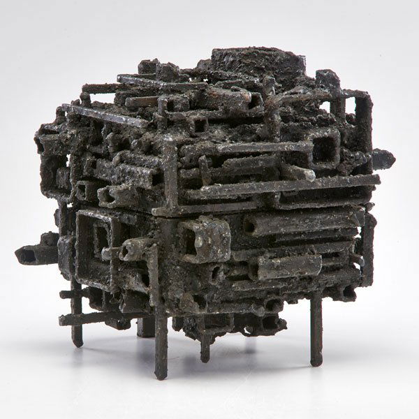 JAMES BEARDEN: Trinket box with square elements, Des Moines, IA, 2014; Welded, blackened, and enameled steel; Unmarked; Closed: 8 1/2" x 8 1/2" x 7 1/2"