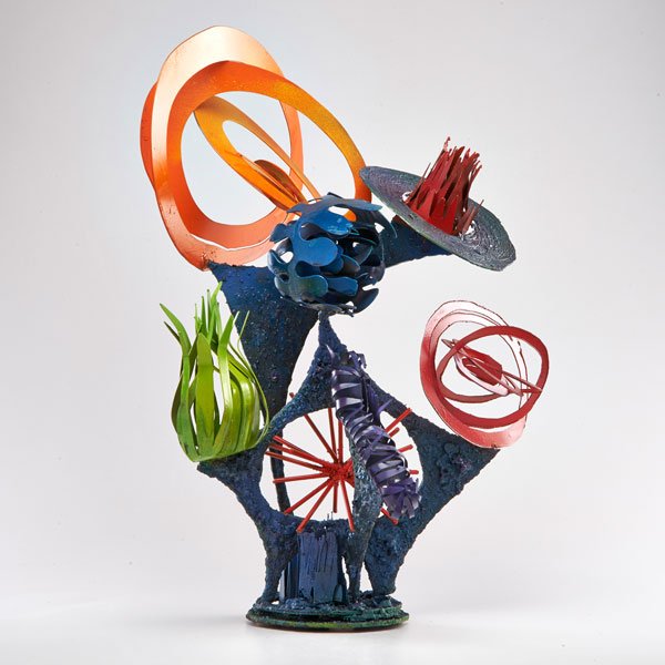 JAMES BEARDEN: "Lunar Blooms 2" sculpture, Des Moines, IA, 2014; Welded and enameled steel; 25" x 16" dia.